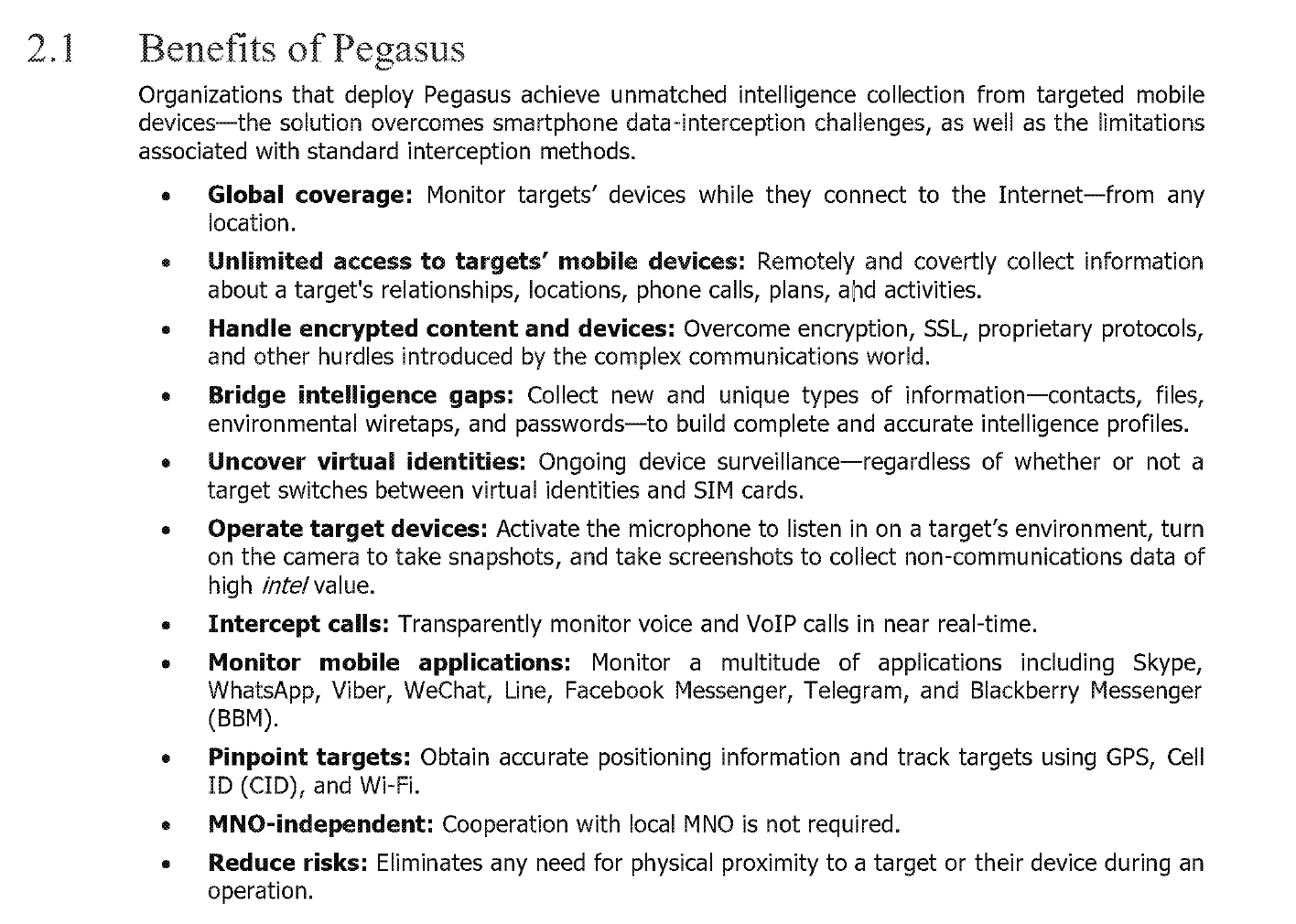 2.1 Benefits of Pegasus Scanned page headed 2.1 Benefits of Pegasus listing eleven bulleted claims, including global coverage, unlimited access to targets’ mobile devices, handling encrypted content, operating the microphone and camera, intercepting calls, monitoring messaging apps, pinpointing location, and independence from the local mobile network operator