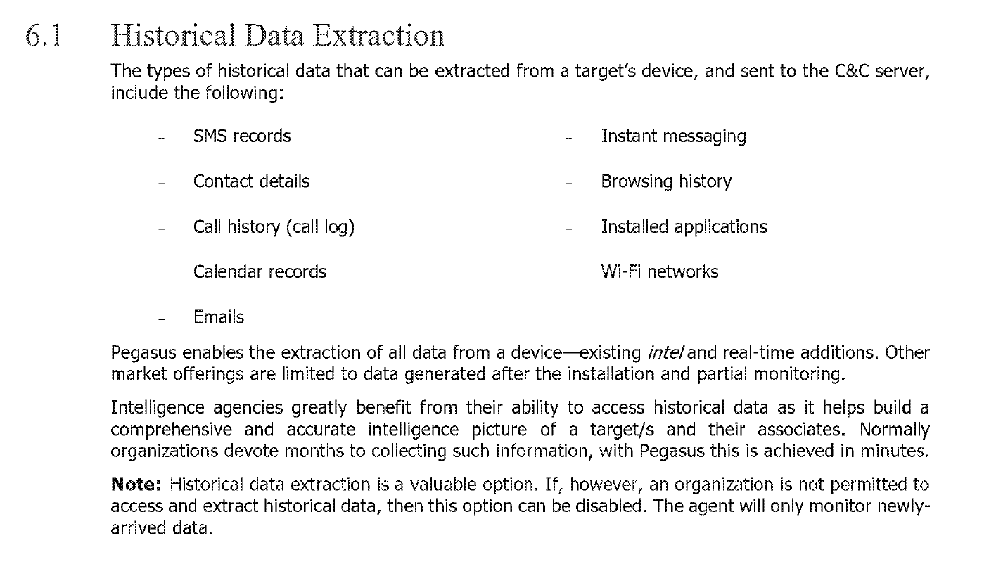 6.1 Historical Data Extraction Scanned page headed 6.1 Historical Data Extraction listing SMS records, contact details, call history, calendar records, emails, instant messaging, browsing history, installed applications, and Wi-Fi networks, followed by text saying collection that normally takes organizations months is achieved with Pegasus in minutes