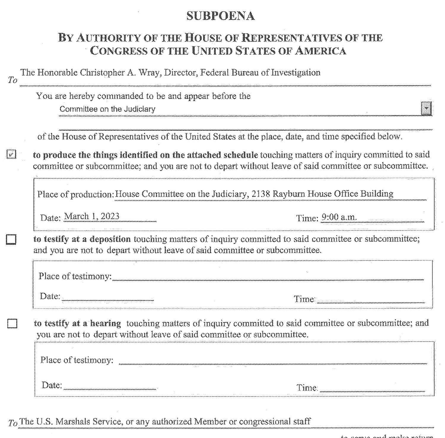 First page excerpt of House Judiciary and Oversight Committee subpoenas to the FBI, 2023 (PDF)