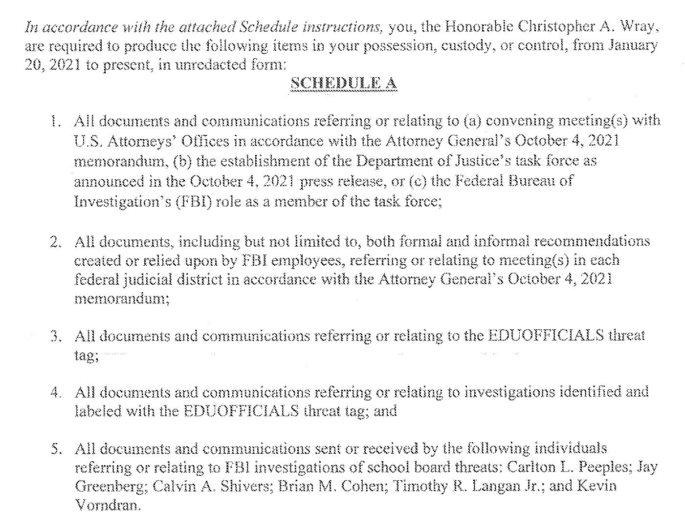 Schedule A listing five categories of FBI documents about the Attorney General's October 4, 2021 memorandum on threats to school officials and the EDUOFFICIALS threat tag, from January 26, 2021 to present, in unredacted form