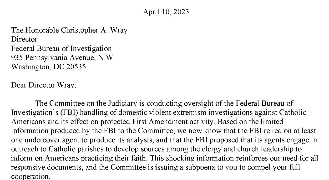 April 10, 2023 letter from the House Judiciary Committee to Director Wray about the FBI Richmond Field Office document on Catholic Americans