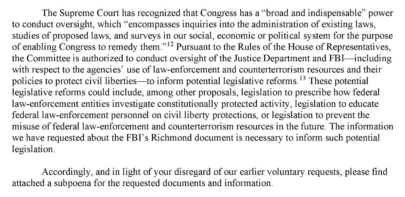 Letter paragraph quoting the Supreme Court on Congress's broad and indispensable power to conduct oversight and listing possible legislative reforms