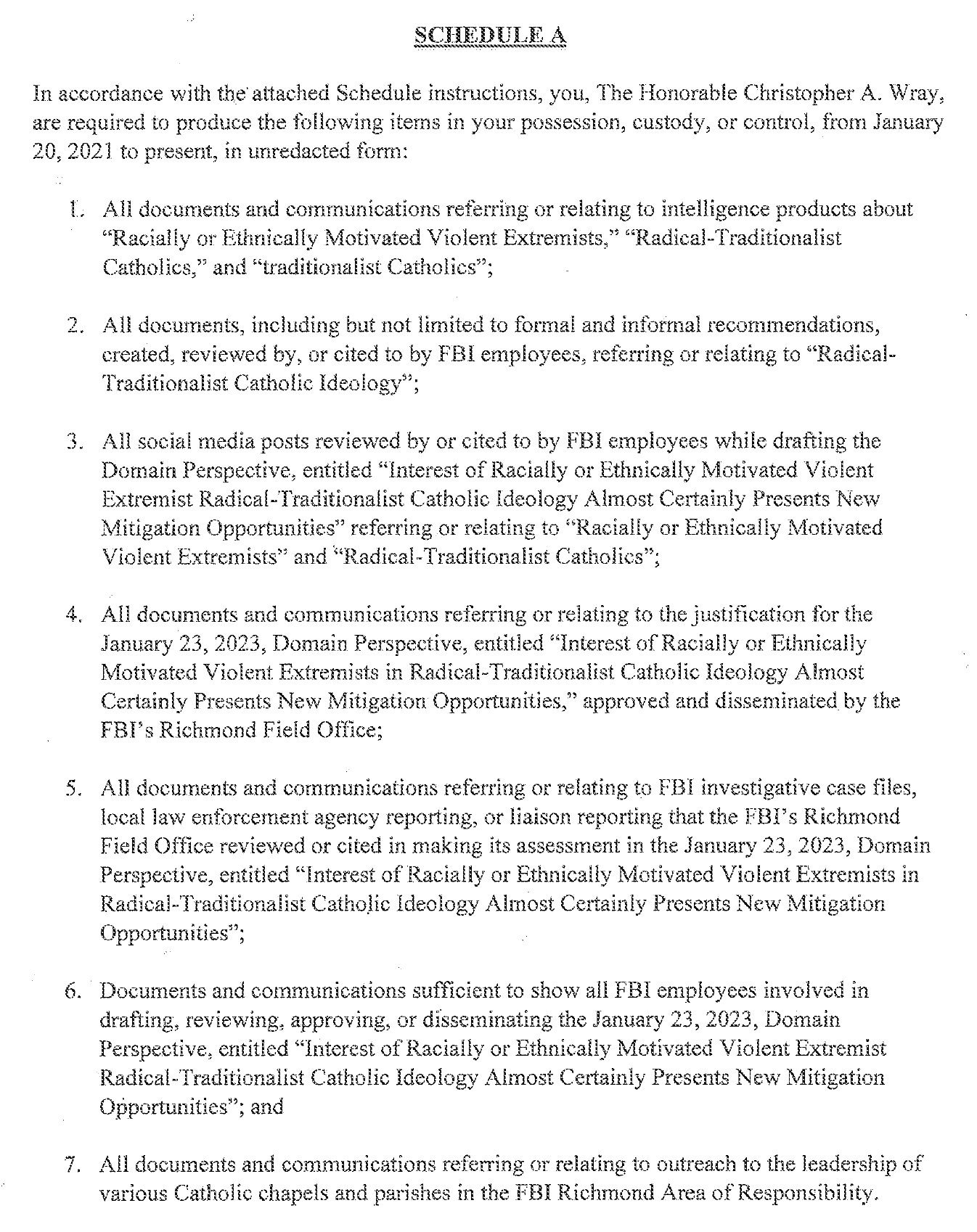 Schedule A with seven numbered demands for FBI records about the January 23, 2023 Richmond Field Office Domain Perspective on Radical-Traditionalist Catholic ideology