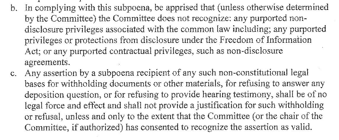 Instruction 17(b) and (c): the Committee does not recognize common-law non-disclosure privileges, FOIA protections or contractual privileges such as non-disclosure agreements