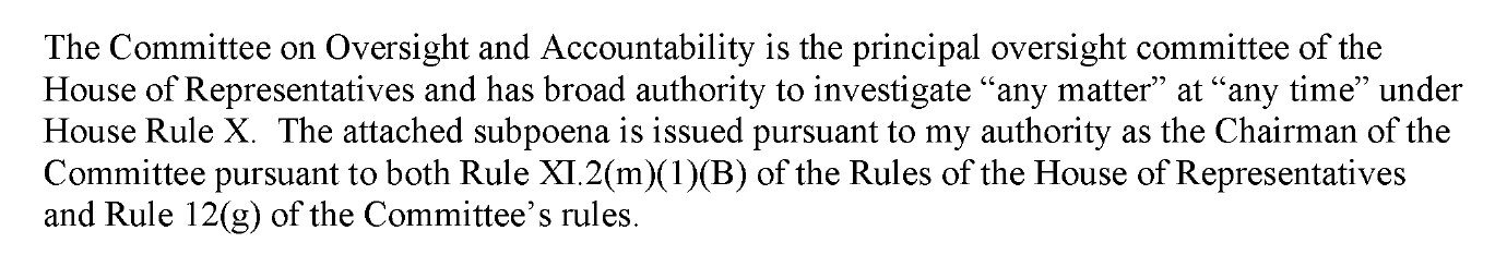 Oversight Committee letter stating the subpoena is issued under House Rule XI clause 2(m)(1)(B) and Committee Rule 12(g)
