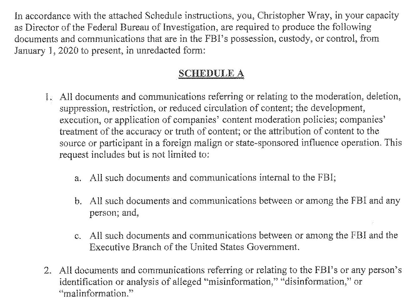 Schedule A demanding FBI documents and communications about content moderation and misinformation, disinformation or malinformation, from January 1, 2020 to present