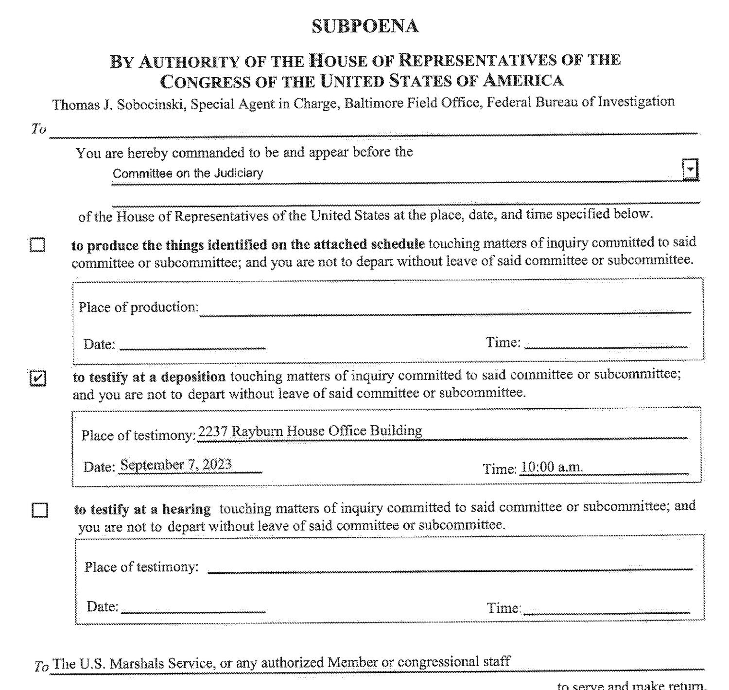 House subpoena to FBI Baltimore Special Agent in Charge Thomas J. Sobocinski with the deposition box checked for September 7, 2023, at 2237 Rayburn House Office Building