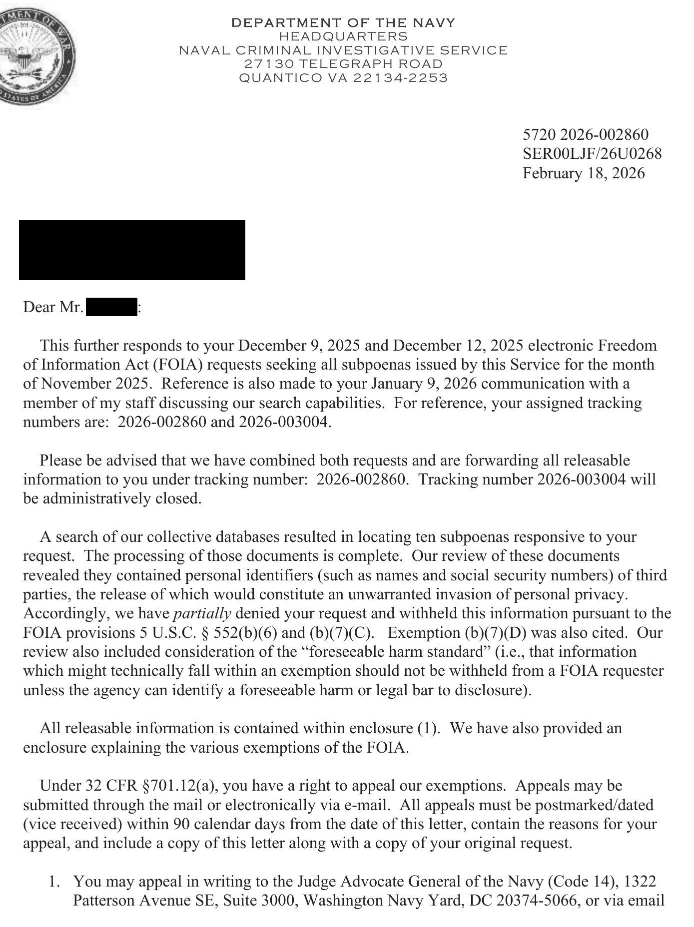 First page excerpt of NCIS FOIA release 2026-002860: ten subpoenas, November 2025 (PDF)