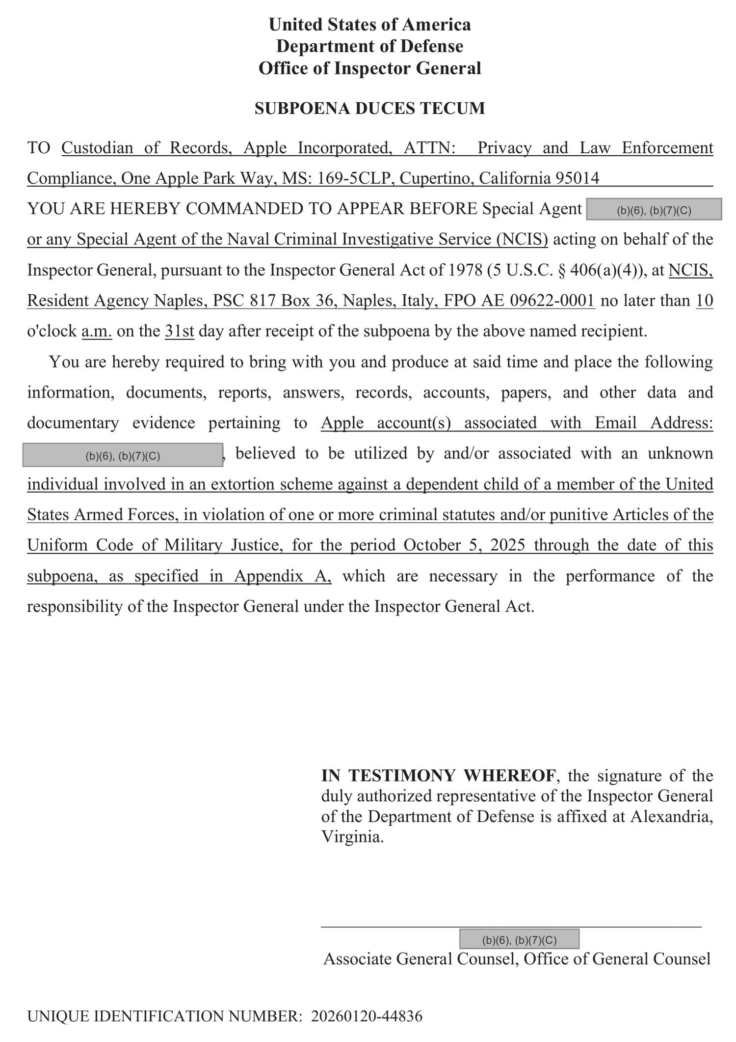 Department of Defense Office of Inspector General subpoena duces tecum to Apple's custodian of records, commanding production before an NCIS special agent in Naples, Italy, for Apple accounts tied to a redacted email address in an extortion scheme against a service member's dependent child