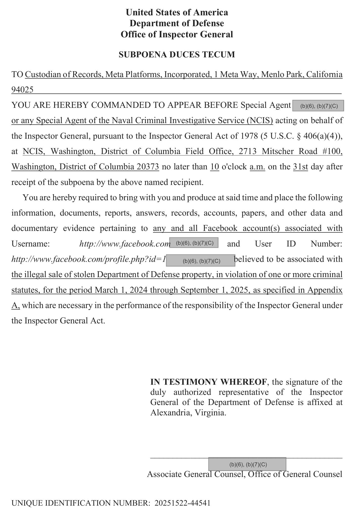 DoD inspector general subpoena to Meta Platforms for Facebook accounts tied to a redacted username and user ID, believed associated with the illegal sale of stolen Department of Defense property, March 1, 2024 through September 1, 2025