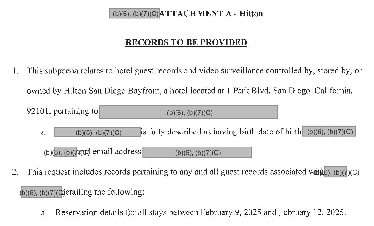 Attachment A to the hotel subpoena requesting reservation details, room charges and video surveillance for February 9 to 12, 2025