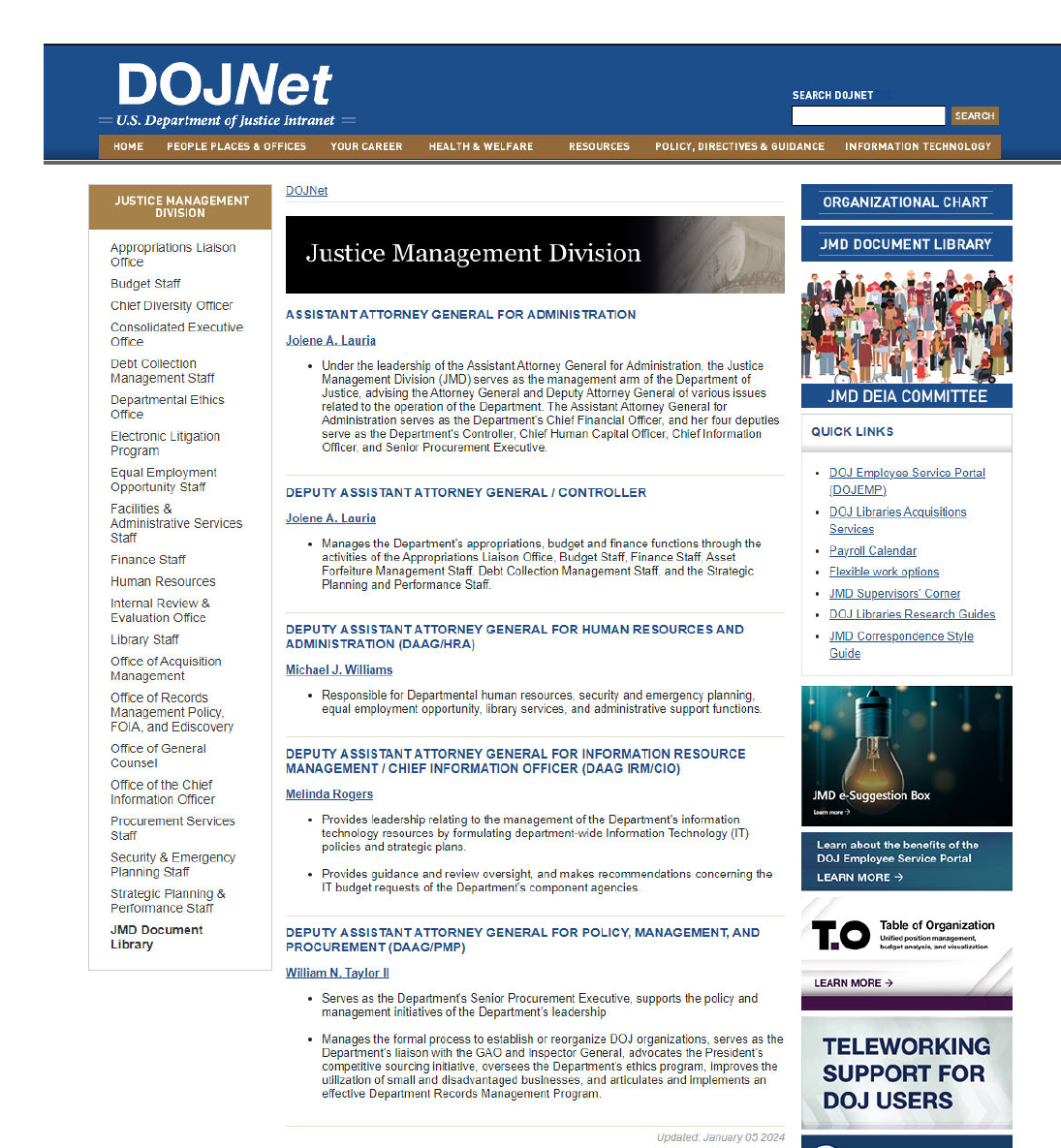 Screenshot of the Justice Management Division landing page on DOJNet, the U.S. Department of Justice intranet. A left menu lists JMD staffs and offices, from the Appropriations Liaison Office to the Strategic Planning and Performance Staff and the JMD Document Library. The center lists the Assistant Attorney General for Administration and four deputy assistant attorneys general with their portfolios. A right column links to an organizational chart, the JMD Document Library, a DEIA committee, quick links including the DOJ Employee Service Portal (DOJEMP), the payroll calendar, and the JMD Correspondence Style Guide, and banners for the JMD e-Suggestion Box, the Table of Organization, telework support, and Justice Parking and Remote Credentialing.