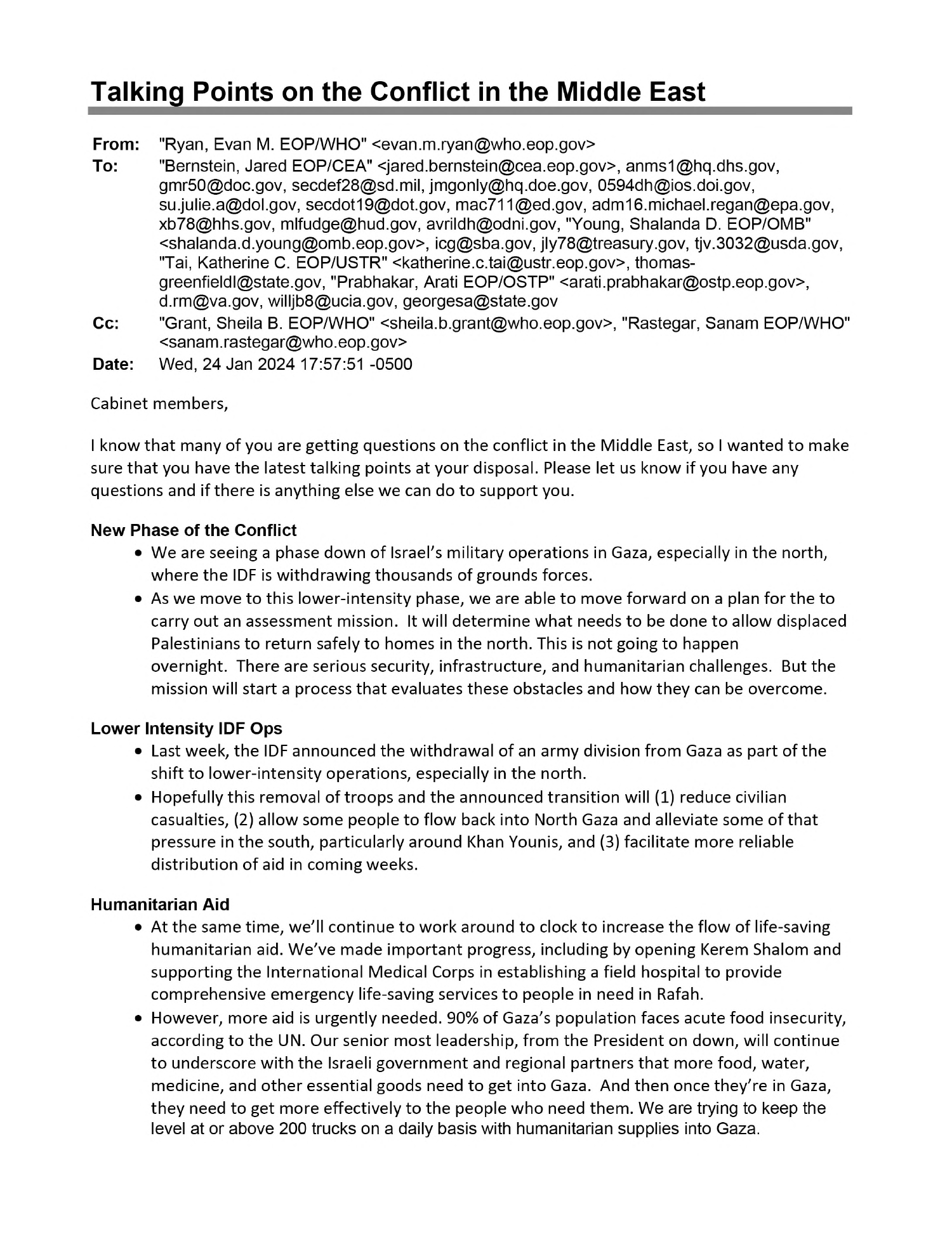 First page of an email titled Talking Points on the Conflict in the Middle East, from Evan M. Ryan of the White House Office, dated Wednesday, January 24, 2024, at 5:57 p.m. Eastern time. The To line lists Jared Bernstein of the Council of Economic Advisers, Shalanda D. Young of the Office of Management and Budget, Katherine C. Tai of the Office of the U.S. Trade Representative, Arati Prabhakar of the Office of Science and Technology Policy, and addresses at the departments of Homeland Security, Commerce, Defense, Energy, Interior, Labor, Transportation, Education, Health and Human Services, Housing and Urban Development, Treasury, Agriculture, State, and Veterans Affairs, the EPA, ODNI, SBA, and CIA. Sheila B. Grant and Sanam Rastegar of the White House Office are copied. The email opens Cabinet members and lists talking points under headings including New Phase of the Conflict, Lower Intensity IDF Ops, and Humanitarian Aid. The addresses are unredacted.