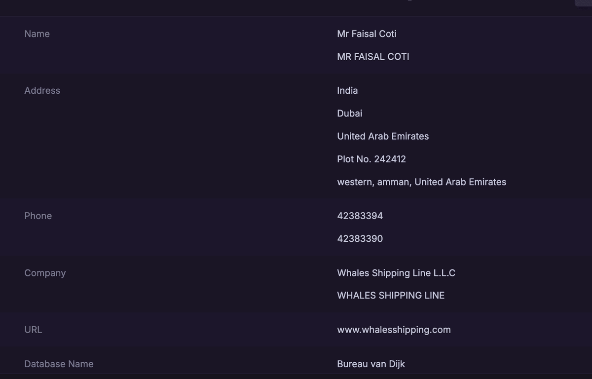 DeHashed record showing the name Mr Faisal Coti, addresses in India and Dubai, phone numbers 42383394 and 42383390, company Whales Shipping Line L.L.C, URL www.whalesshipping.com, and database name Bureau van Dijk.