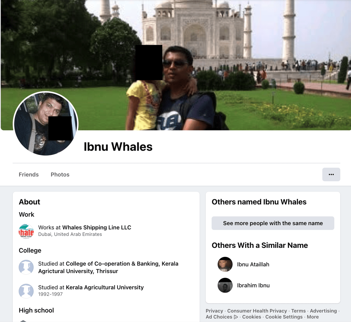 Facebook profile named Ibnu Whales listing work at Whales Shipping Line LLC, Dubai, United Arab Emirates, and study at Kerala Agricultural University, 1992 to 1997; children’s faces in the cover and profile photos are covered with black bars.