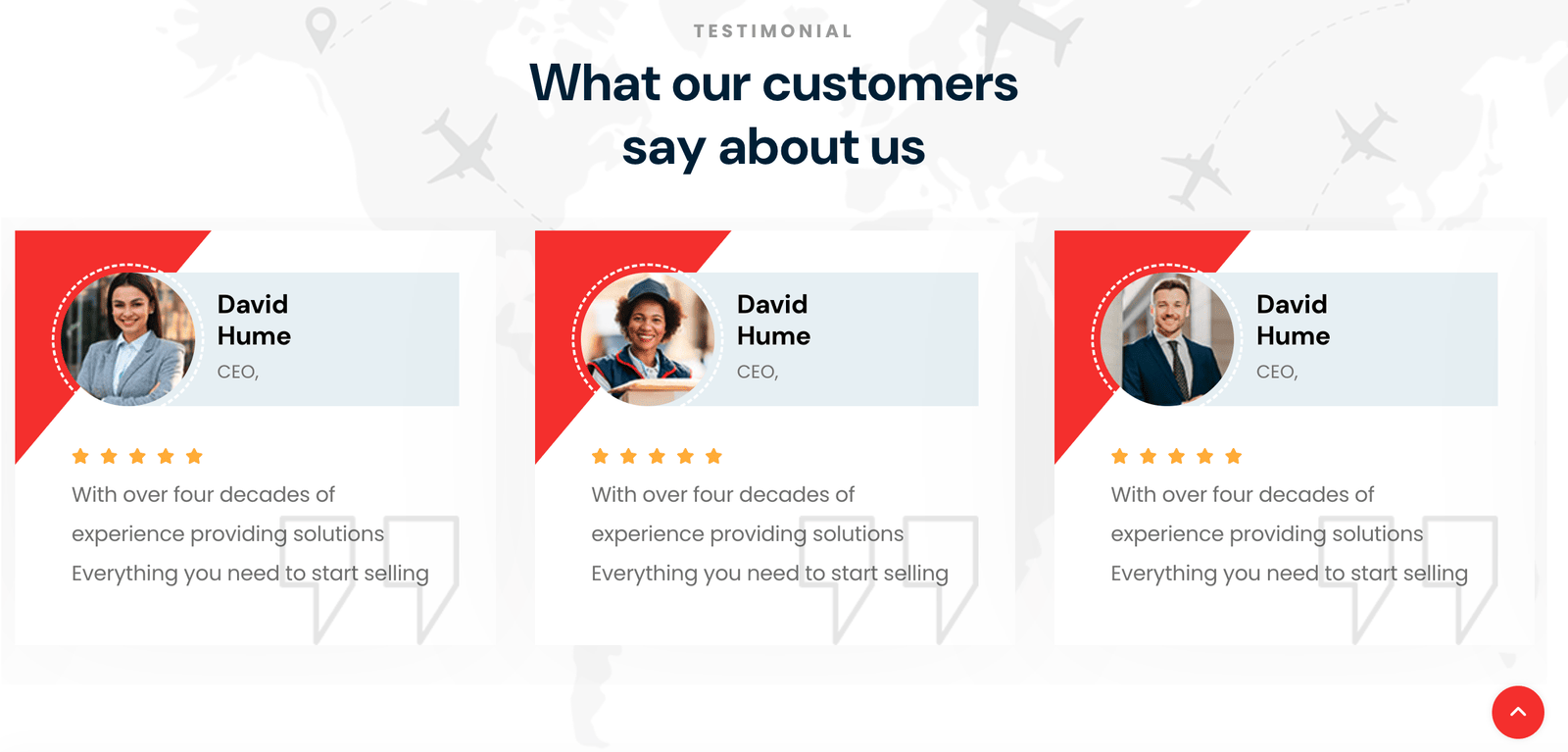 Three testimonial cards on whalesshipping.com, each signed David Hume, CEO, with the same placeholder sentence.