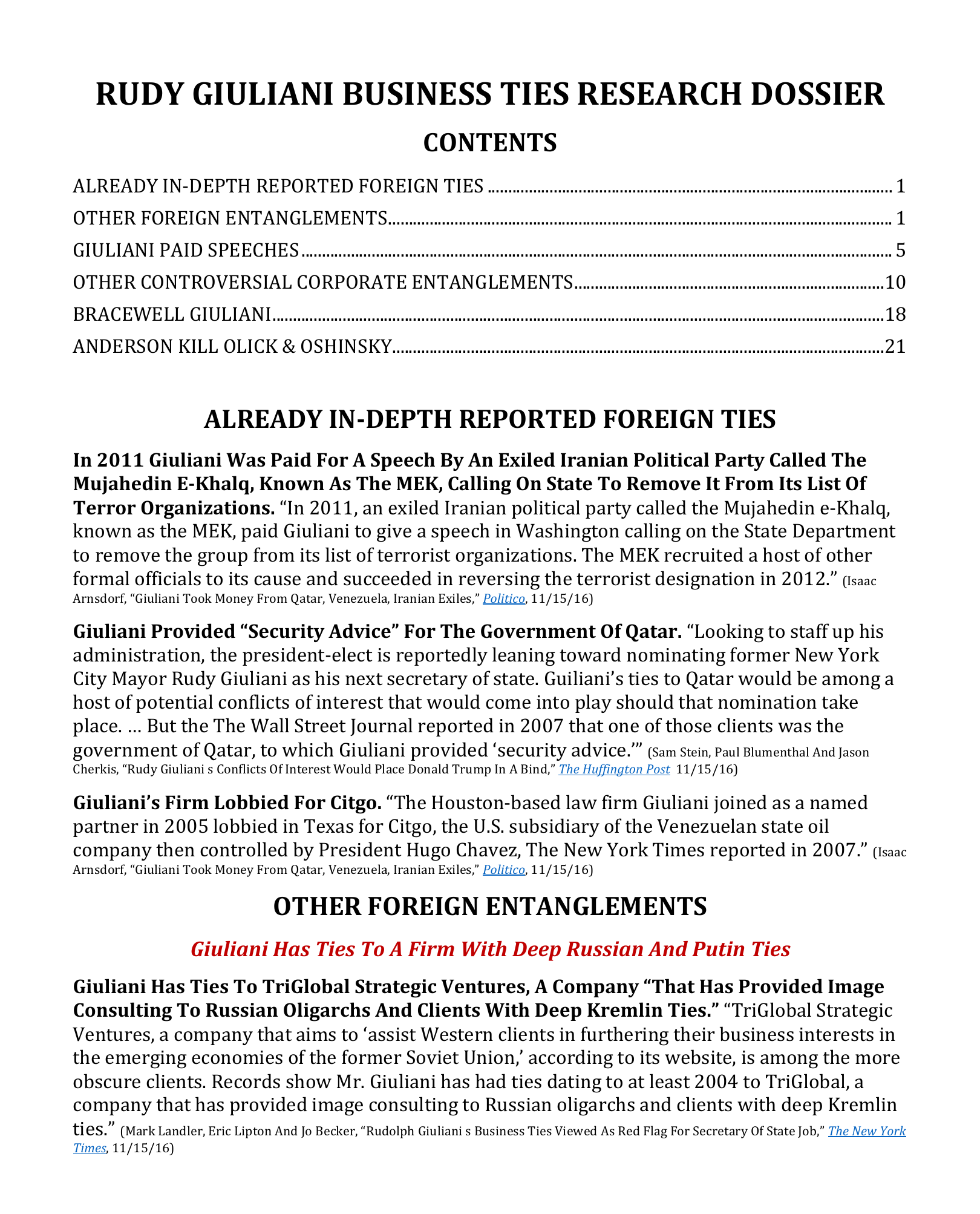 Page one of the Rudy Giuliani business-ties research file, showing a table of contents and paragraphs each ending in a newspaper citation